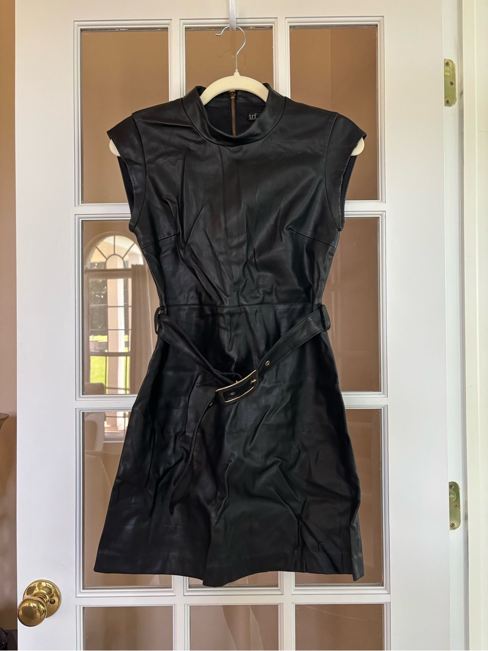 zara Sleeveless Black Faux Leather Belted Dress